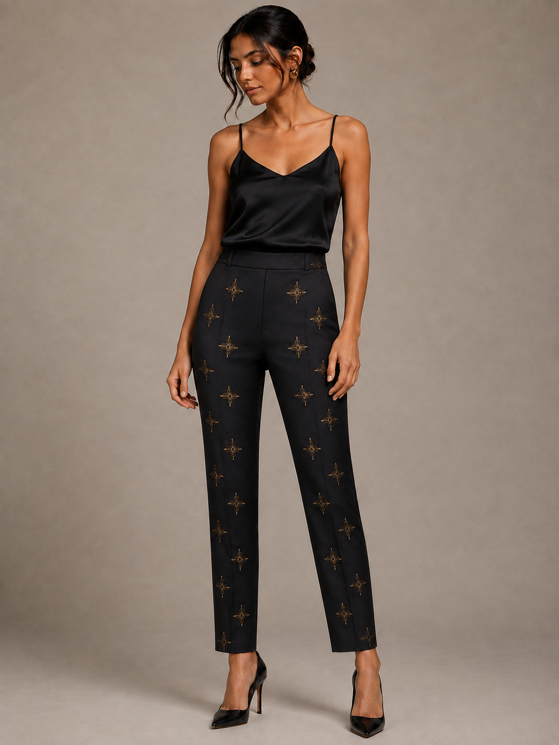 Aurelle Noir Motif Slim Ankle Pants