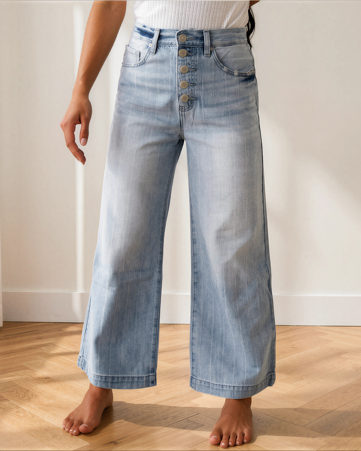 Veronica Pinstripe Wide Leg Jeans | Multi Button Denim