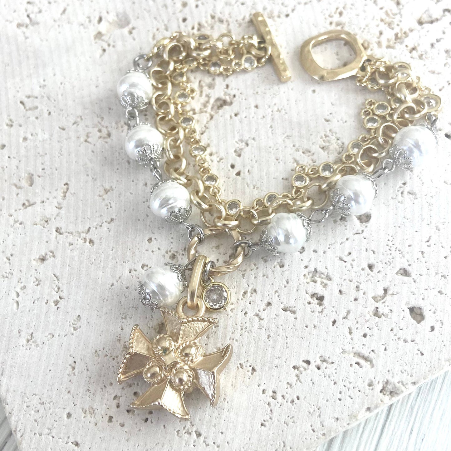 Triple layered pearl crystal bracelet vintage cross boutique