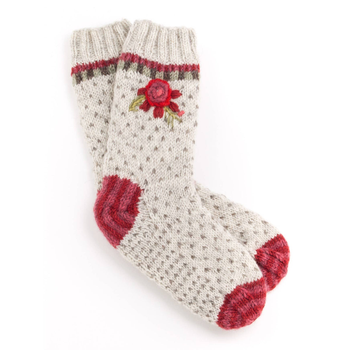 Aubrey Wool Socks Hand Knit With Embroidered Floral Detail