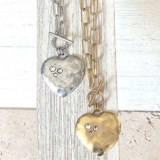 Large hammered heart with crystals statement necklace 2025