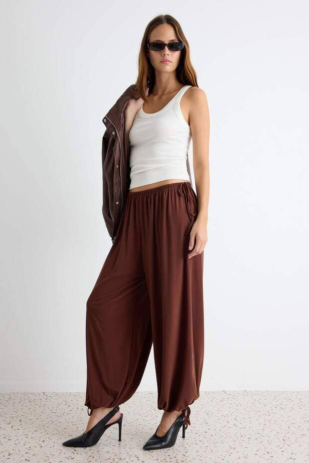 Brown Modal Tie-Waist Harem Pants