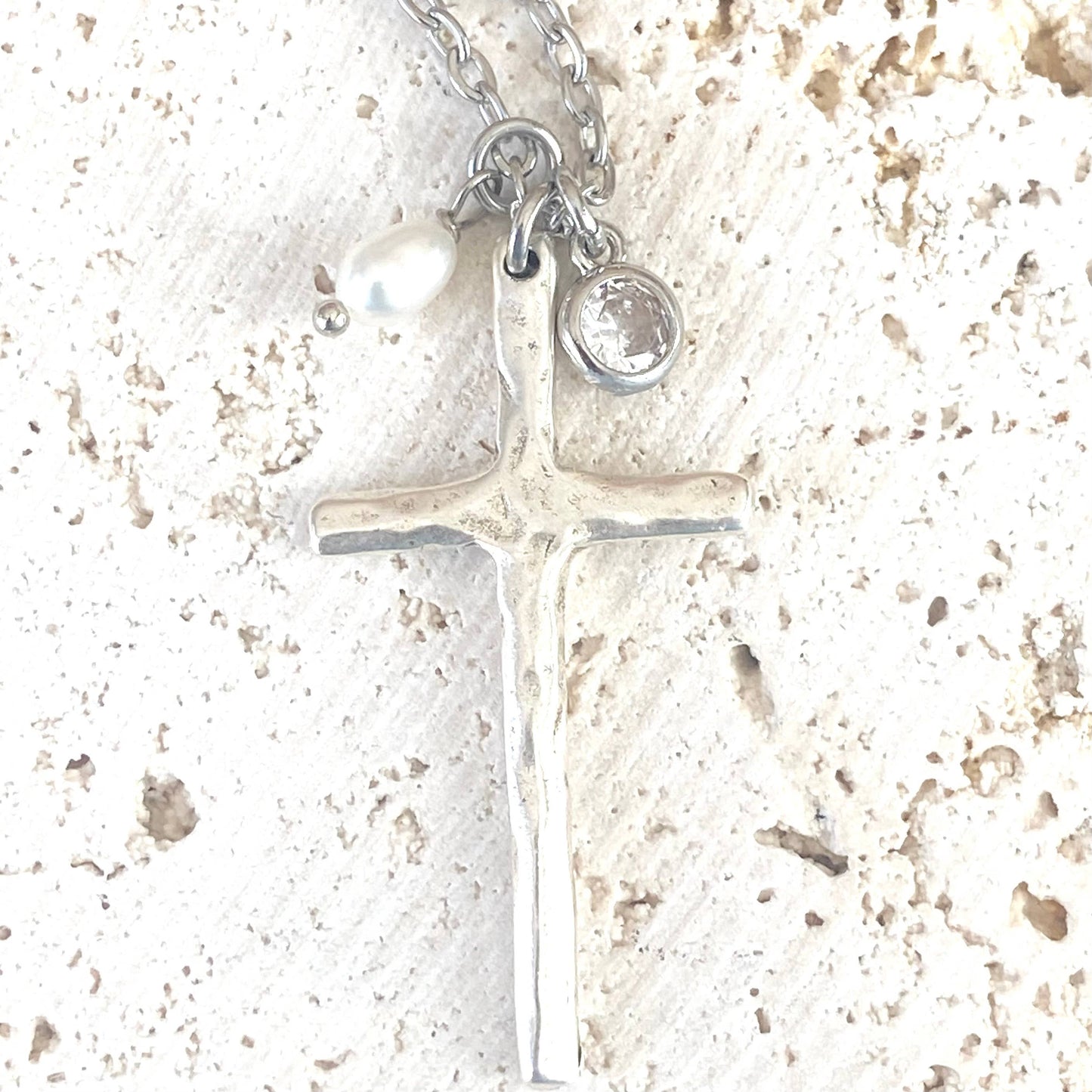 Cross necklace religious jewelry rustic pearl non tarnishing