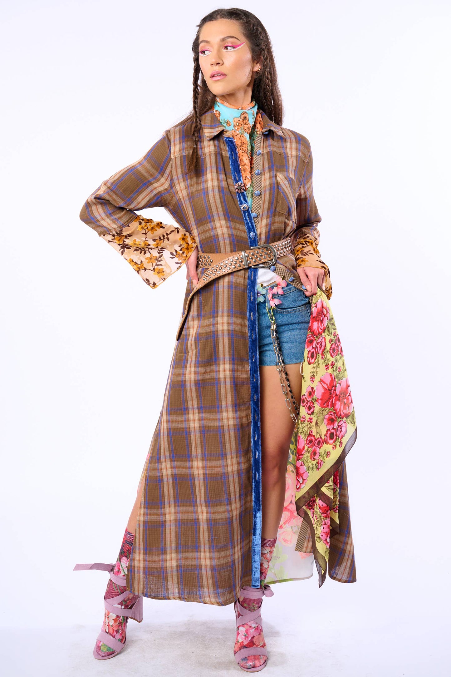 Anna Button Up Shirt Dress | Plaid Maxi | Peacock Print