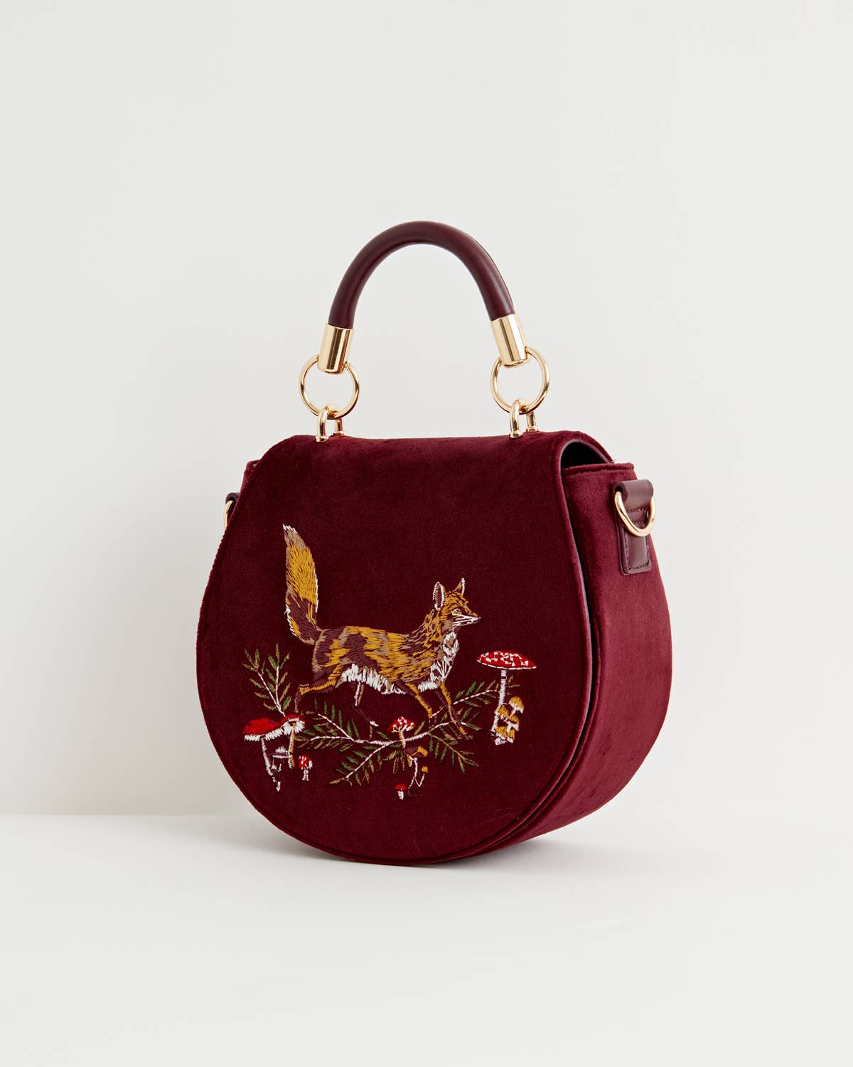 FABLE Fox & Mushroom Embroidered Velvet Saddle Purse