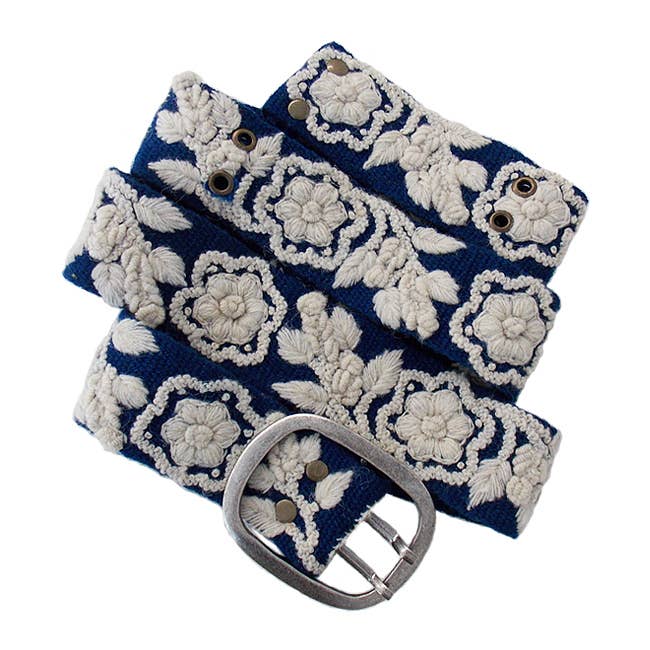 Two-Tone Embroidered Wool Belt, Blue/Cream