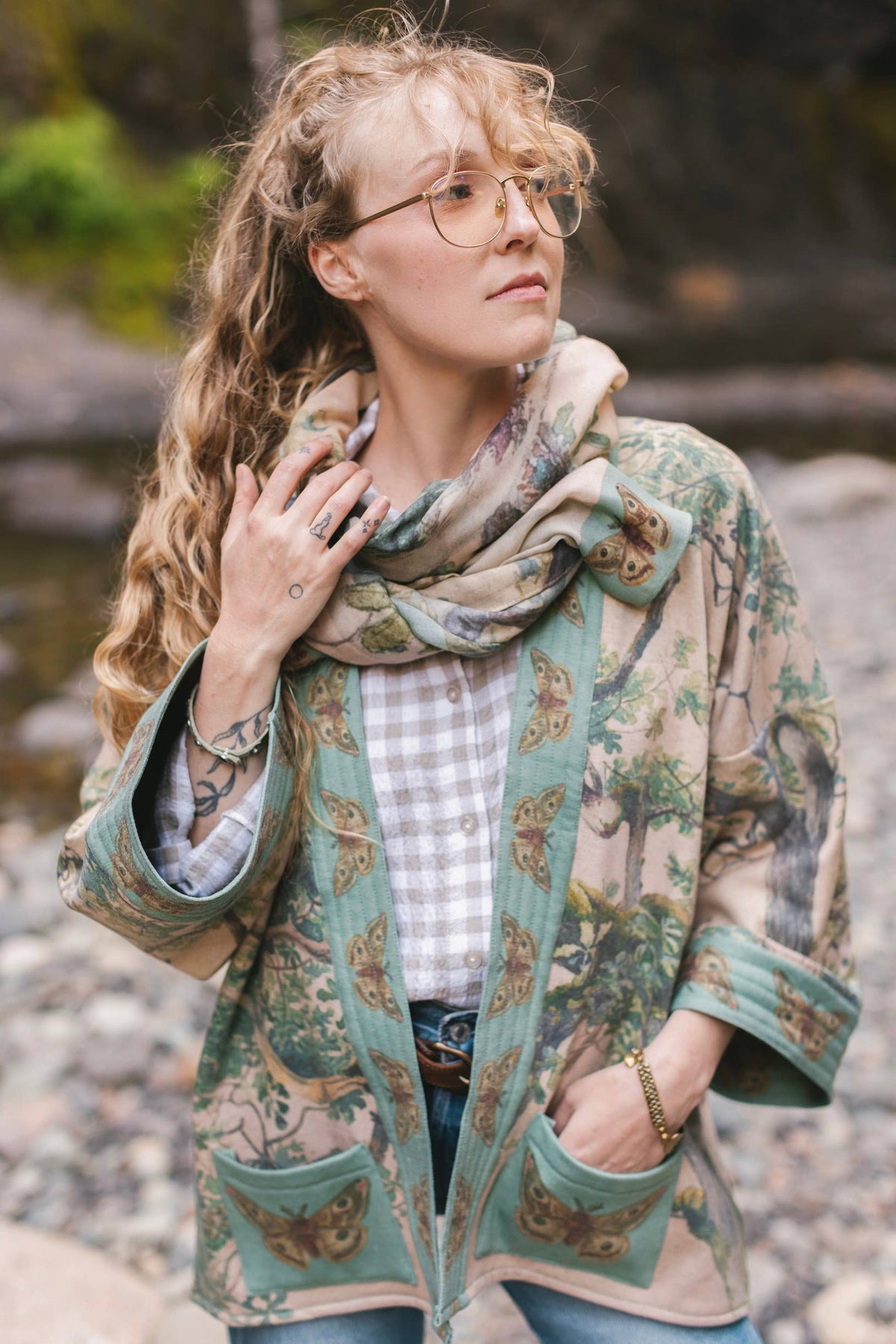Earth & Sky Fleece Cottage Cardigan Kimono Jacket w/Trees