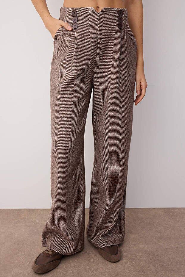 Brown Button-Detailed Winter Palazzo Pants