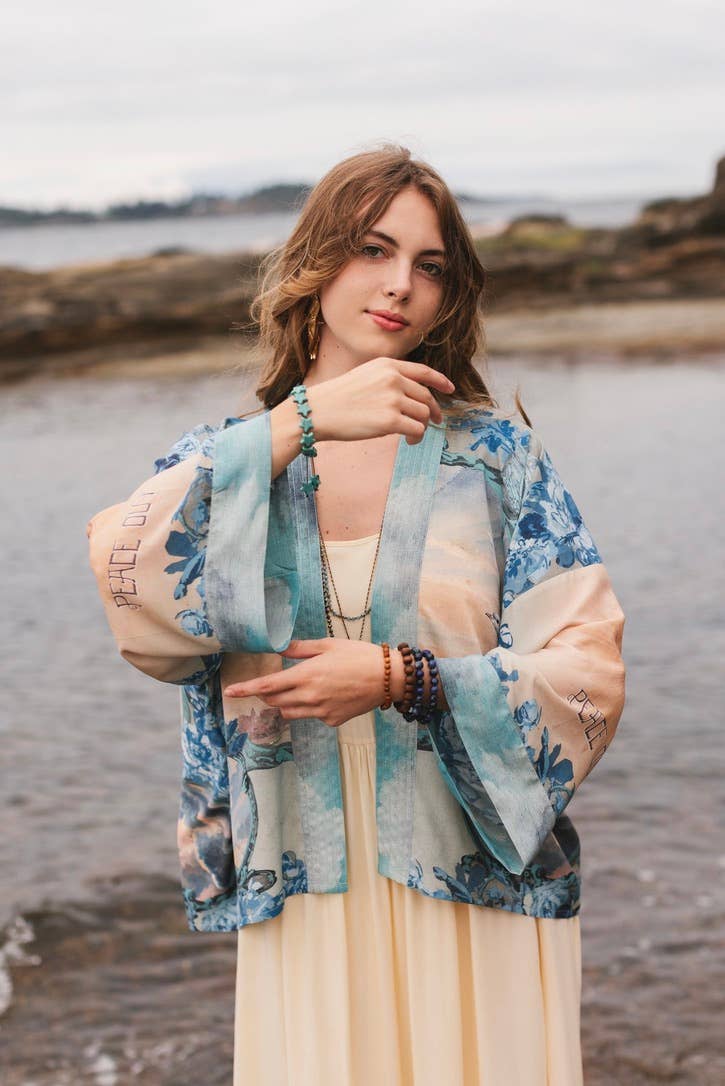 Peace Out Cropped Kimono Pixie Duster with Doves and Sunrise
