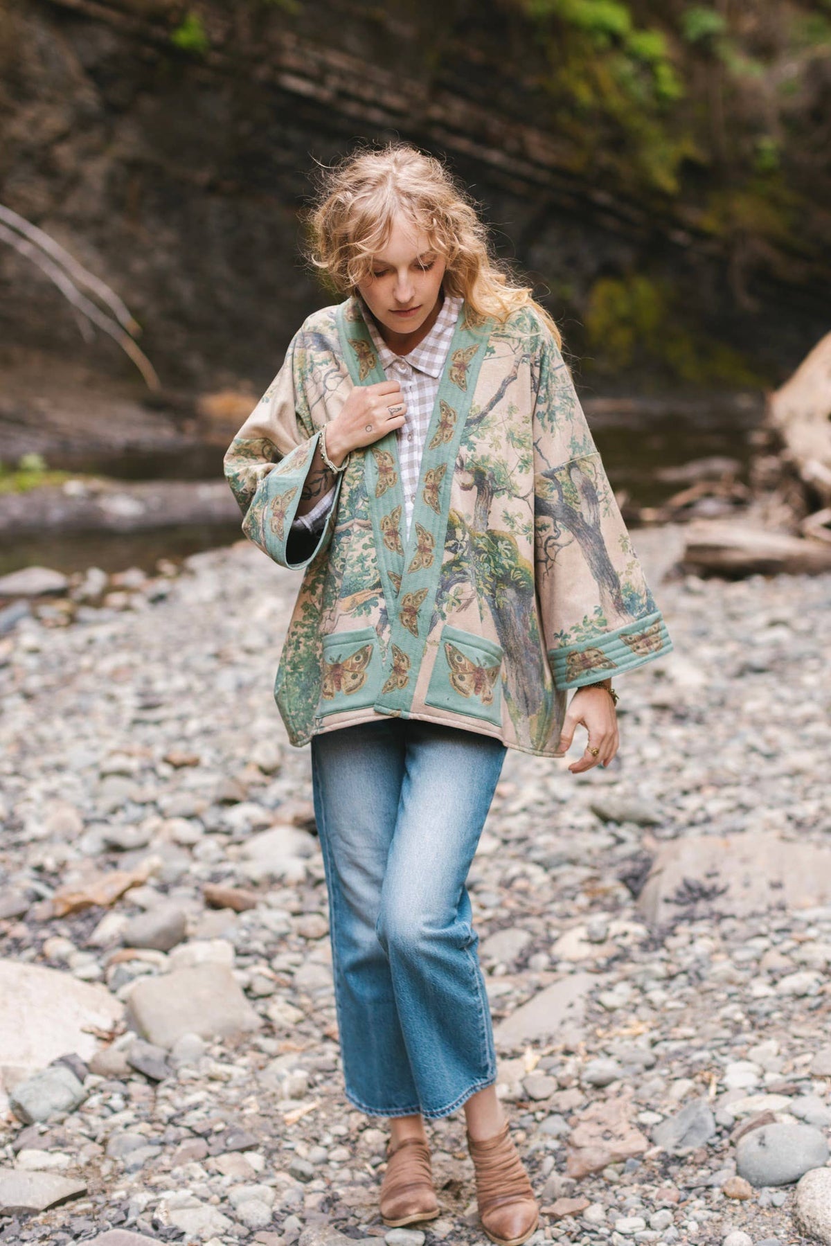 Earth & Sky Fleece Cottage Cardigan Kimono Jacket w/Trees