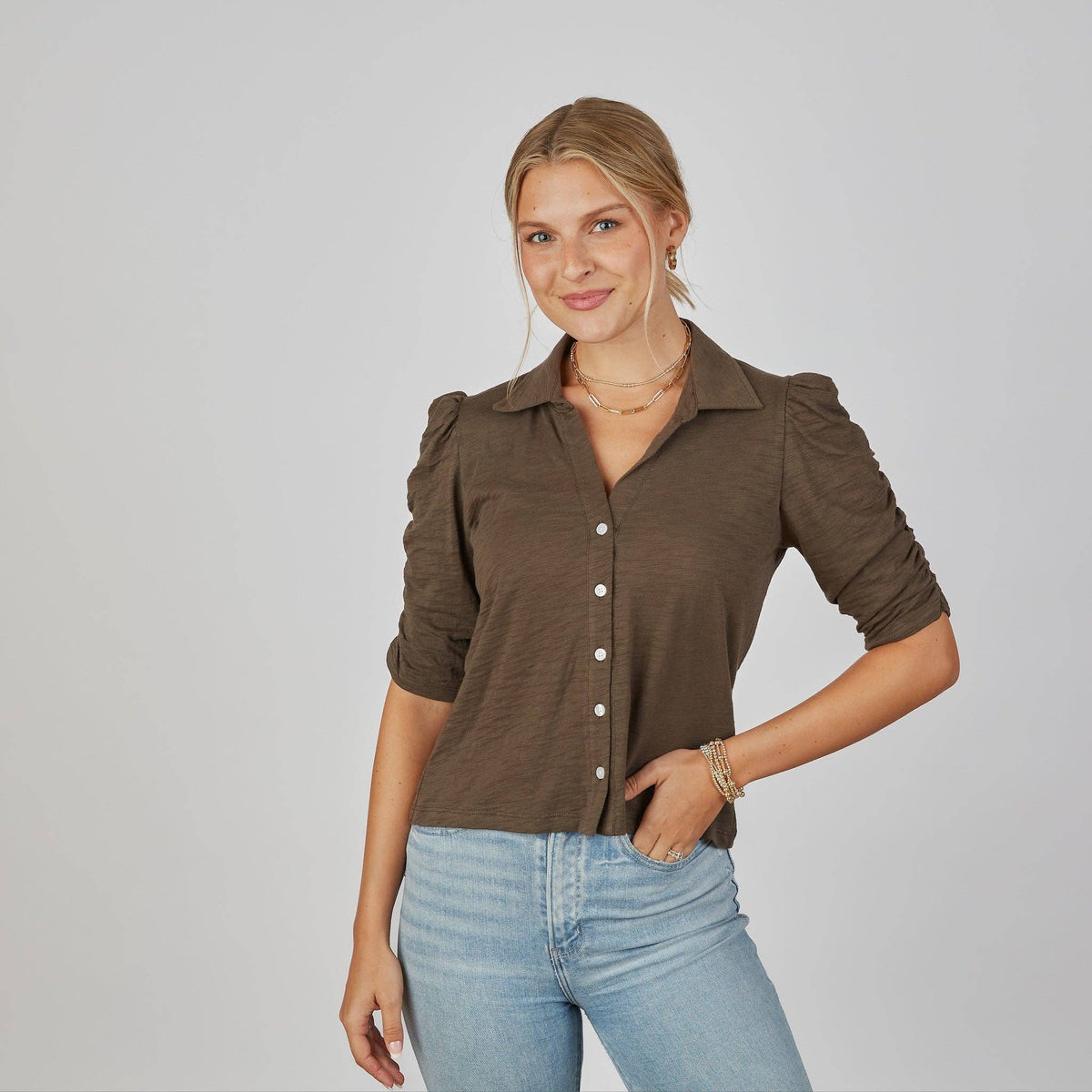 Grace Button-Up Elbow-Length Tee in Espresso Brown