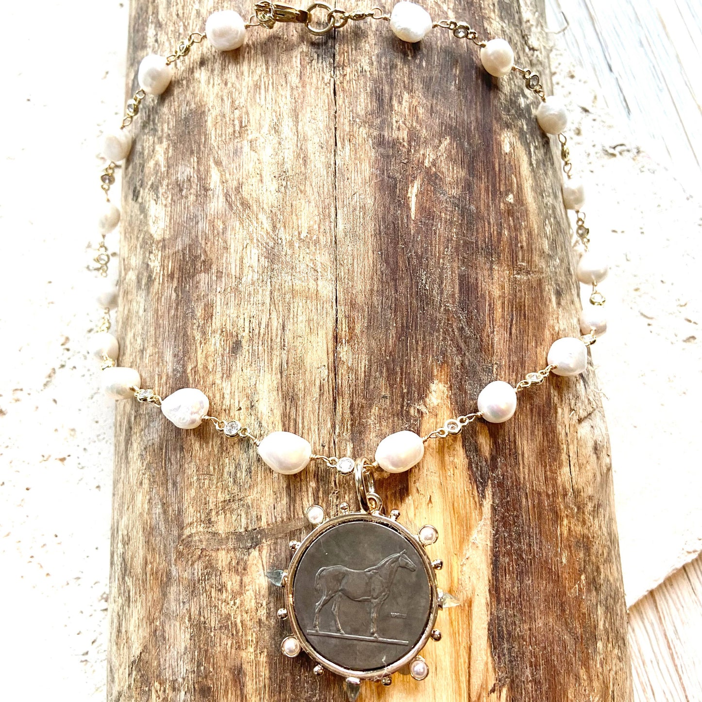 Horse jewelry French coin medallion equestrian necklace