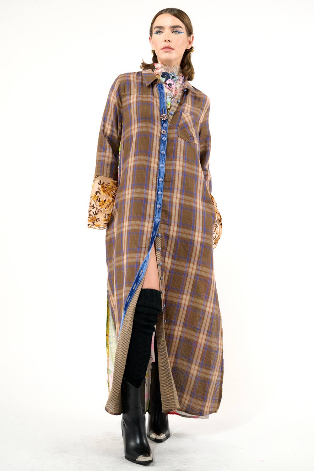 Anna Button Up Shirt Dress | Plaid Maxi | Peacock Print