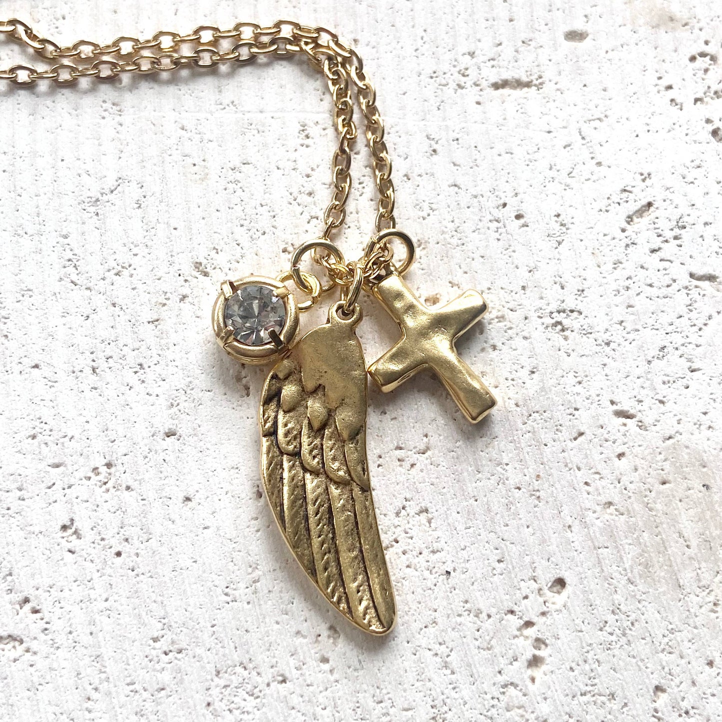 Angel wing cross crystal cluster necklace handmade jewelry 