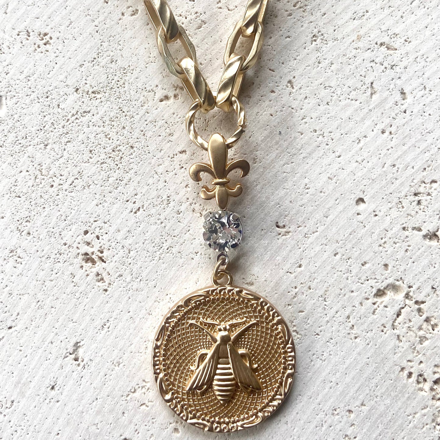 French bee coin necklace modern vintage jewelry boutique 