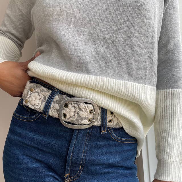 Two-Tone Embroidered Wool Belt, Heather/Cream