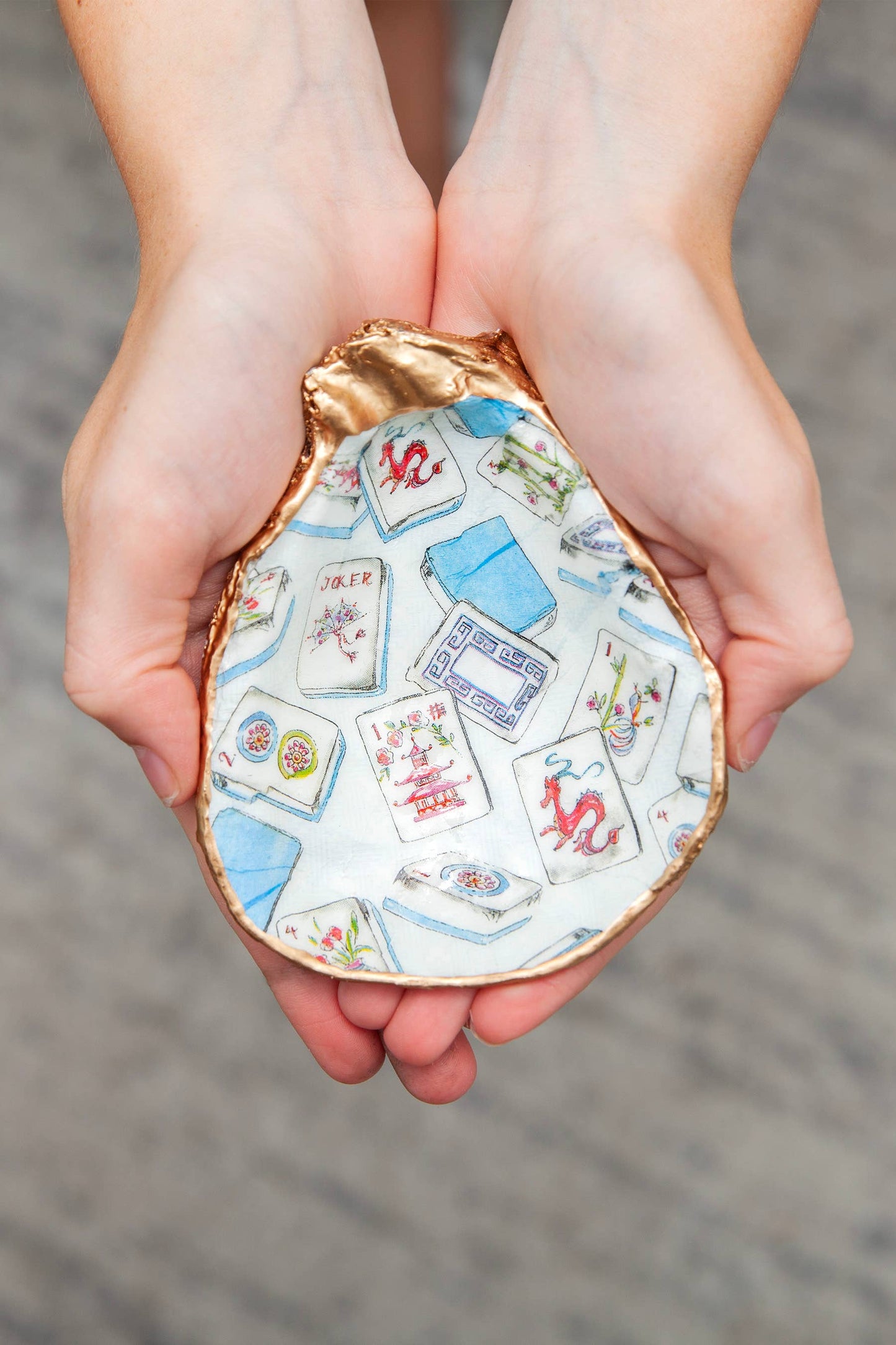 Mahjong Decoupaged Oyster Shell Decor