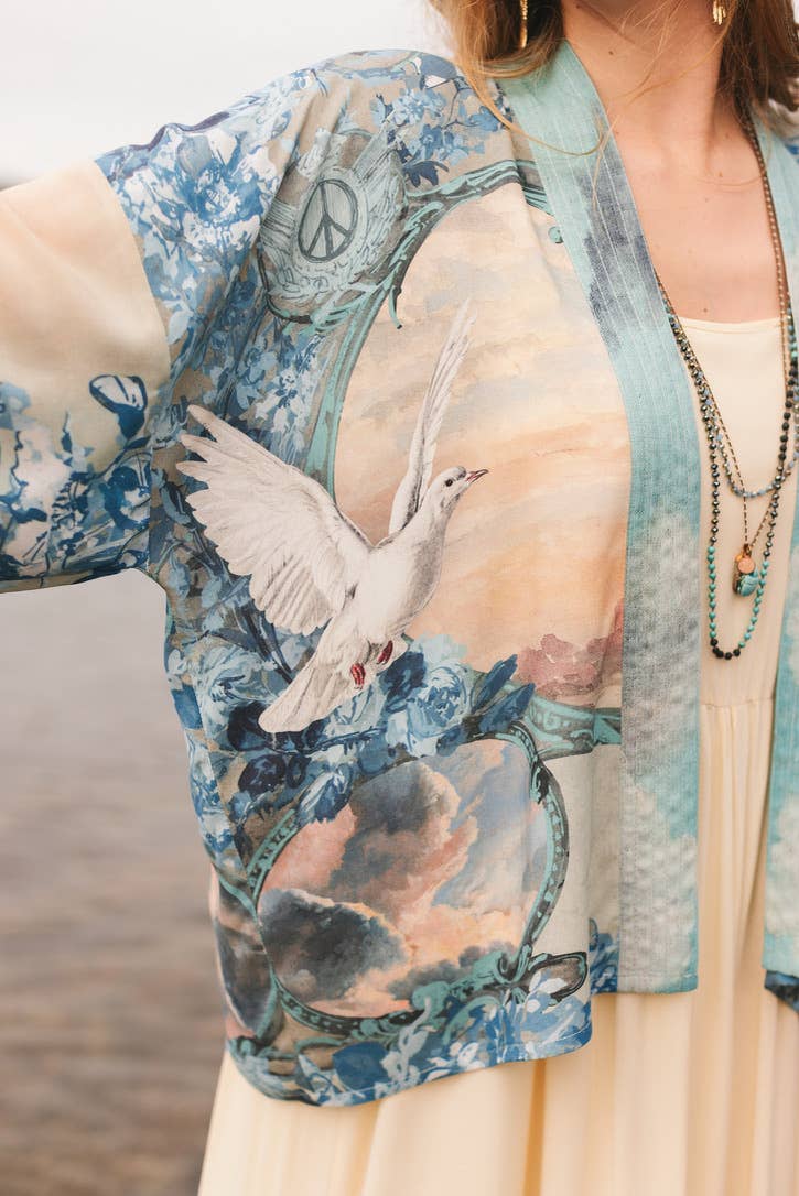 Peace Out Cropped Kimono Pixie Duster with Doves and Sunrise