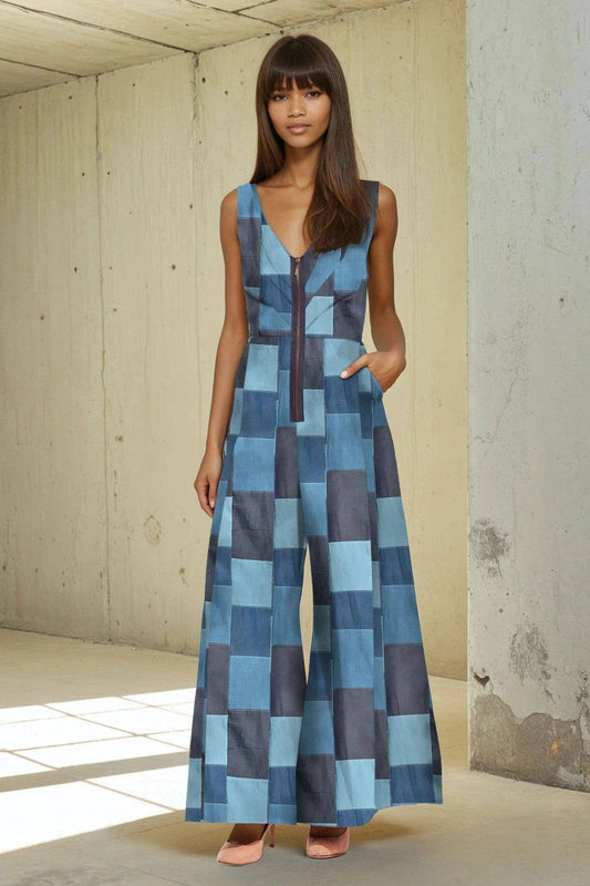 Axella Western Jumpsuit - Denim Patchwork