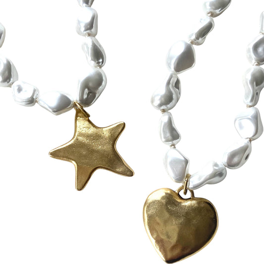 Luxe pearl strand necklace with hand casted heart or star