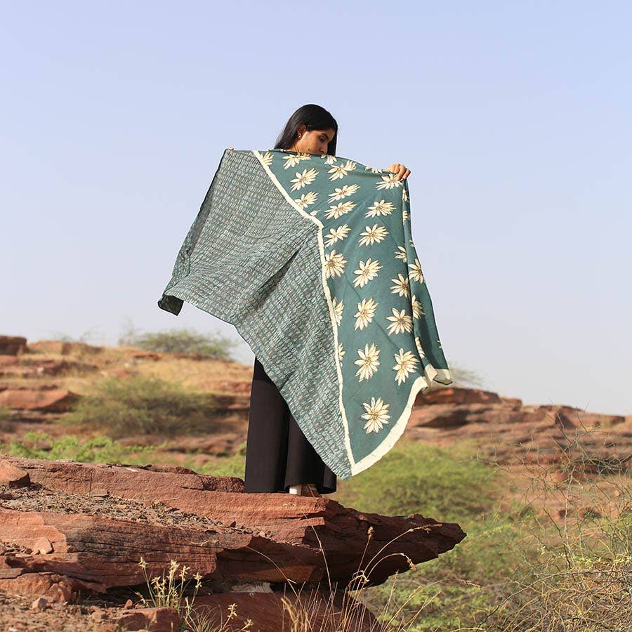 Handmade Block Print Green Cotton Silk Large Scarf | La Joie