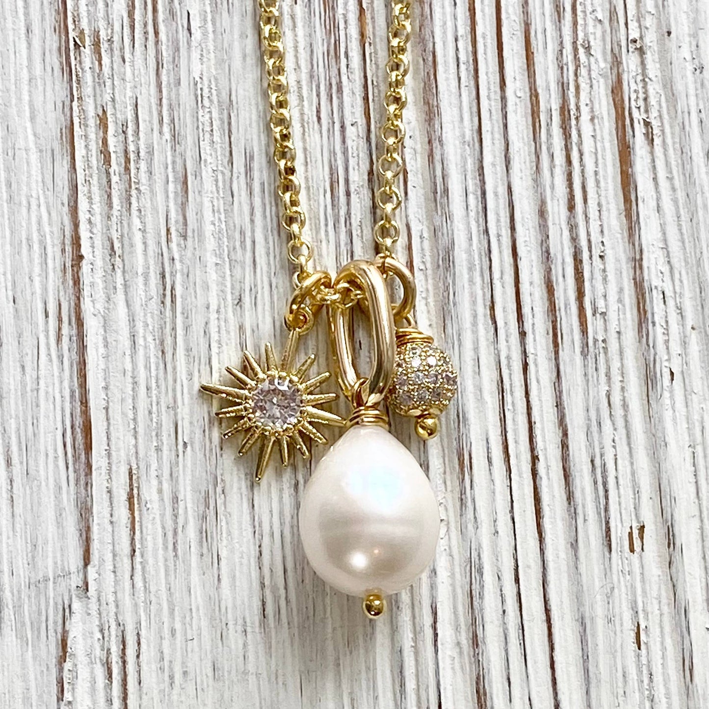 Pearl, sun, micro pave necklace ,boutique,salon,trendy