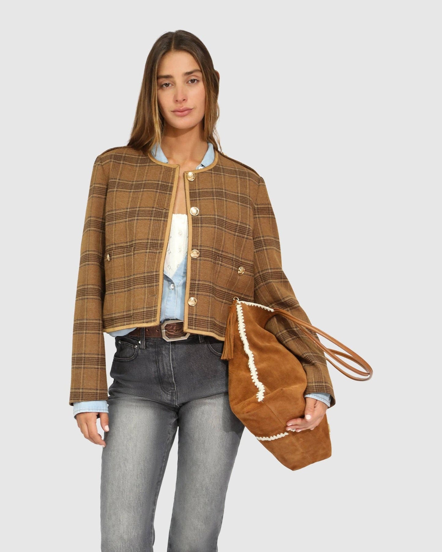 Dynasty Boxy Paisley Jacket - Caramel/Black Check