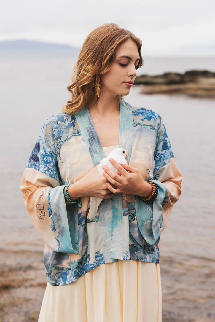 Peace Out Cropped Kimono Pixie Duster with Doves and Sunrise