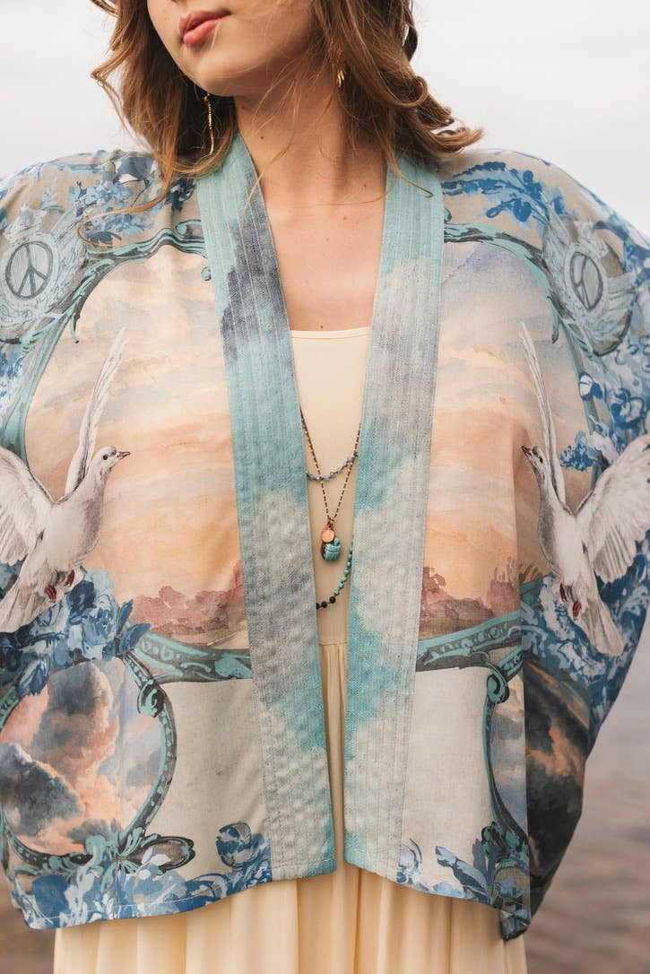 Peace Out Cropped Kimono Pixie Duster with Doves and Sunrise