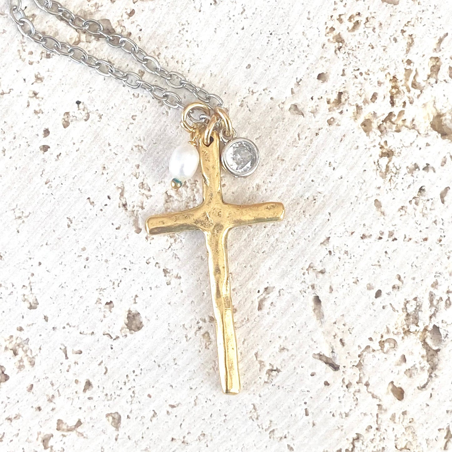 Cross necklace religious jewelry rustic pearl non tarnishing