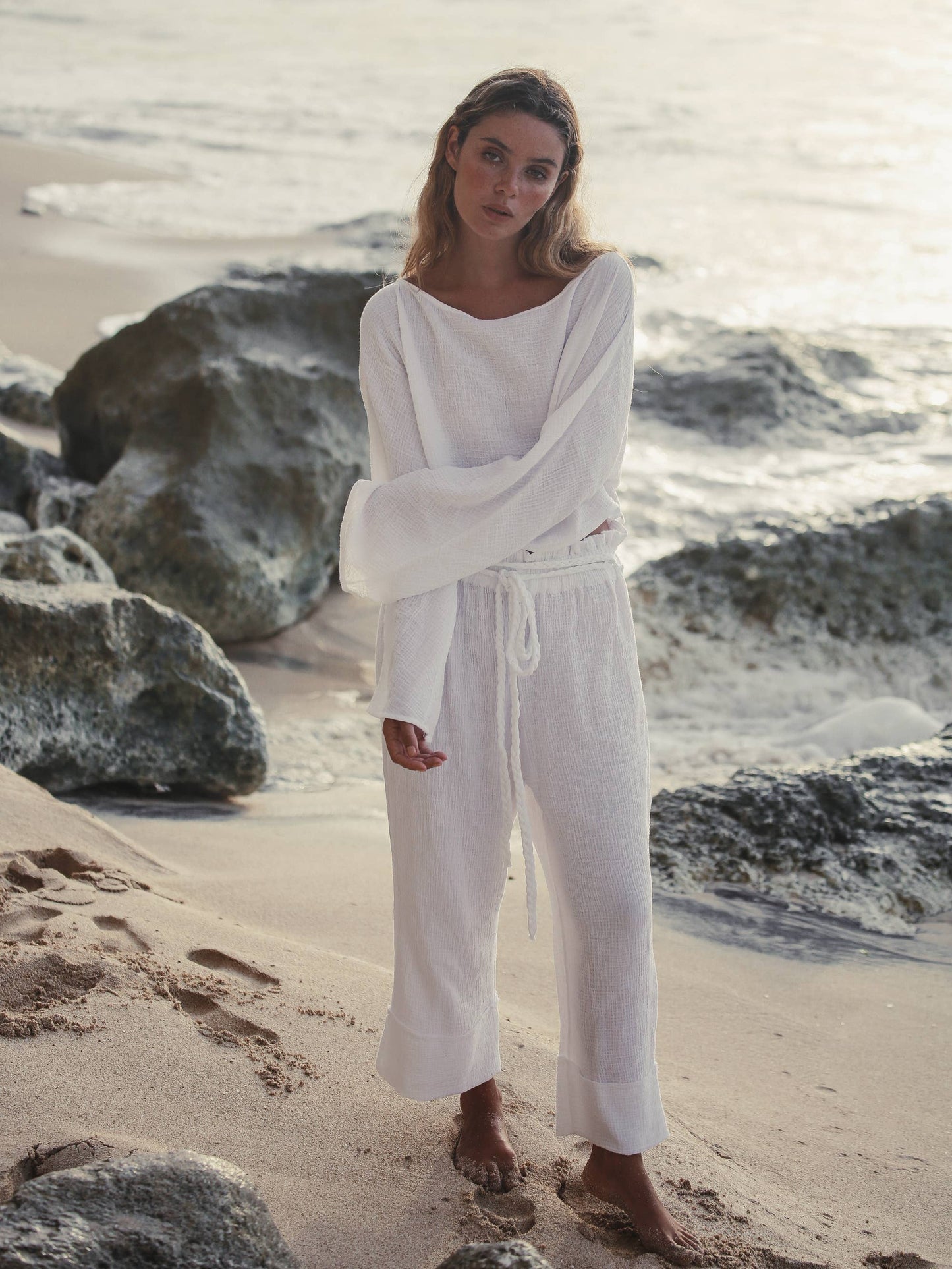 Paloma Paper Bag Pants - White | 100% Turkish Cotton Bohemia
