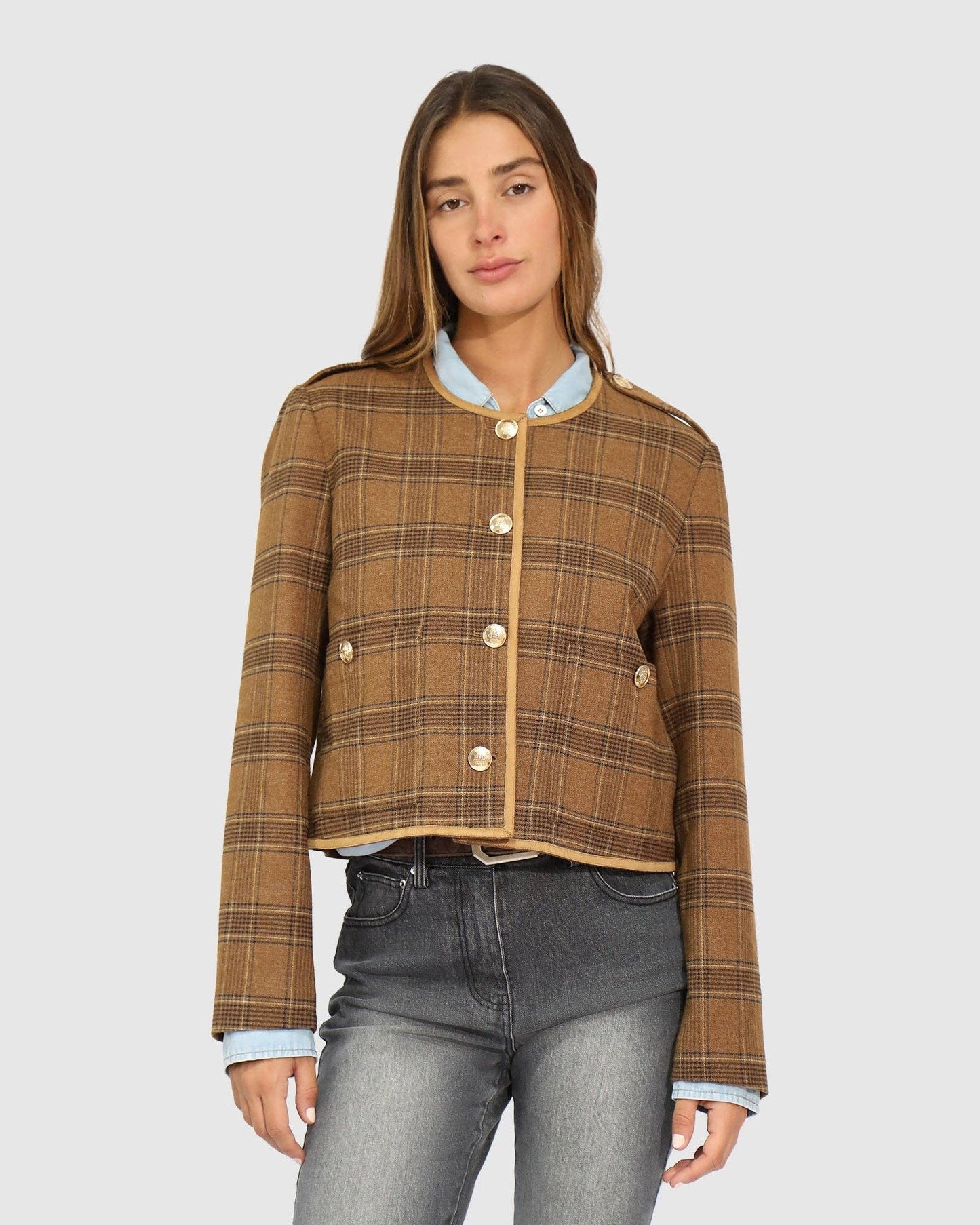 Dynasty Boxy Paisley Jacket - Caramel/Black Check