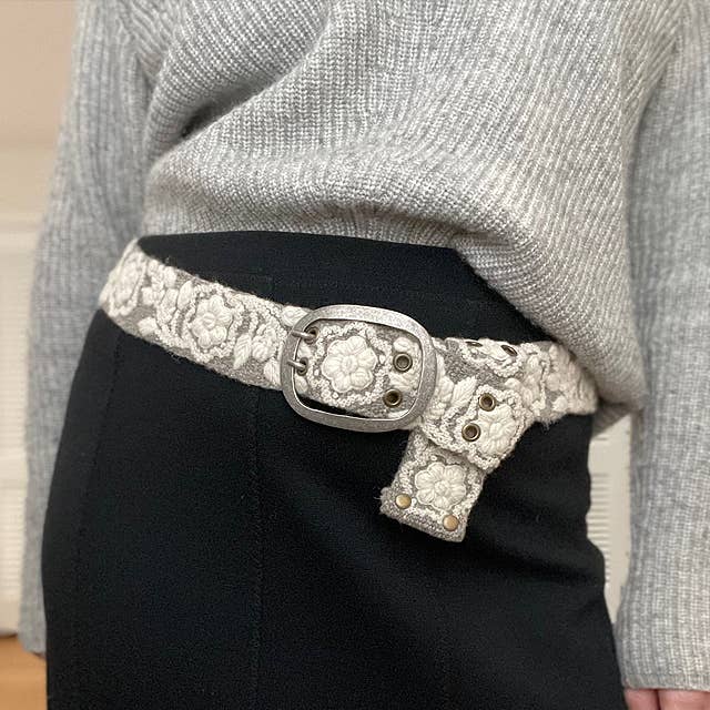 Two-Tone Embroidered Wool Belt, Heather/Cream