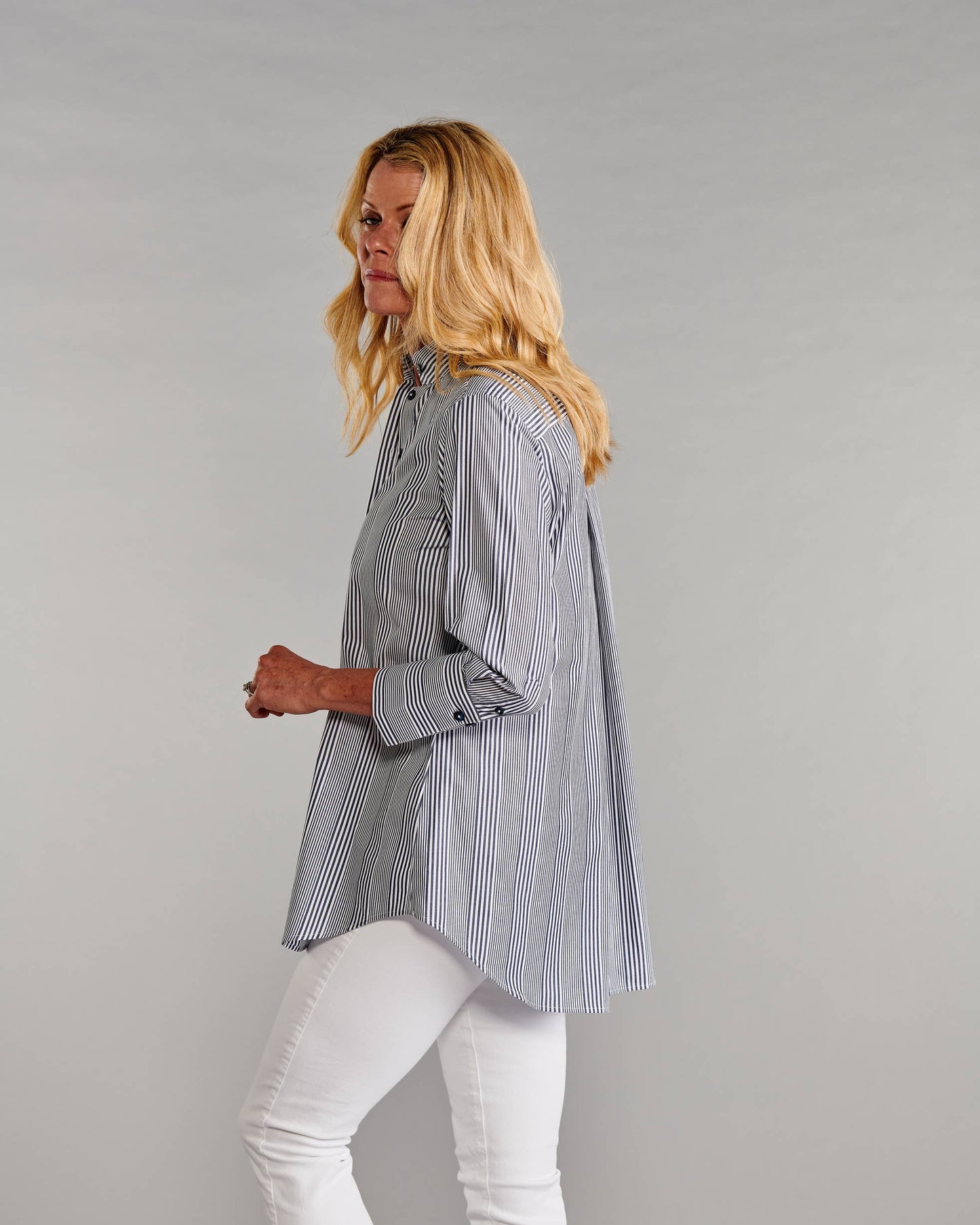 The Mandarin Tunic II in Blue with White Track Stripes