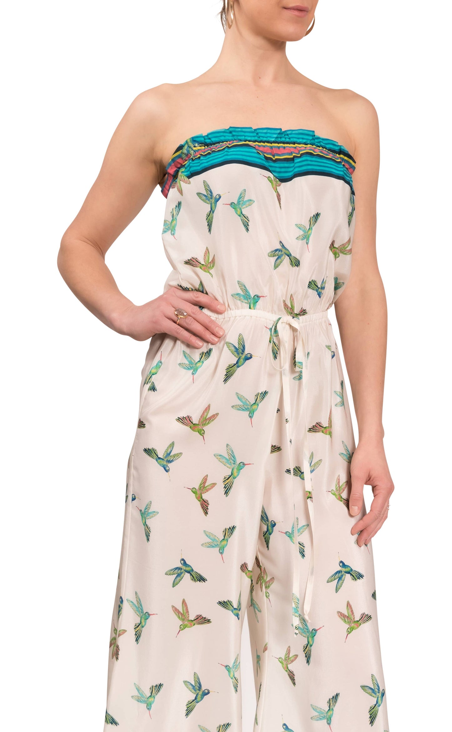 Eileen Jumpsuit - Turquoise Hummingbirds Silk
