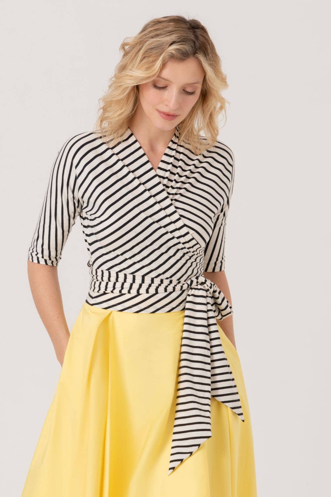 Black-Cream Striped Wrap Top