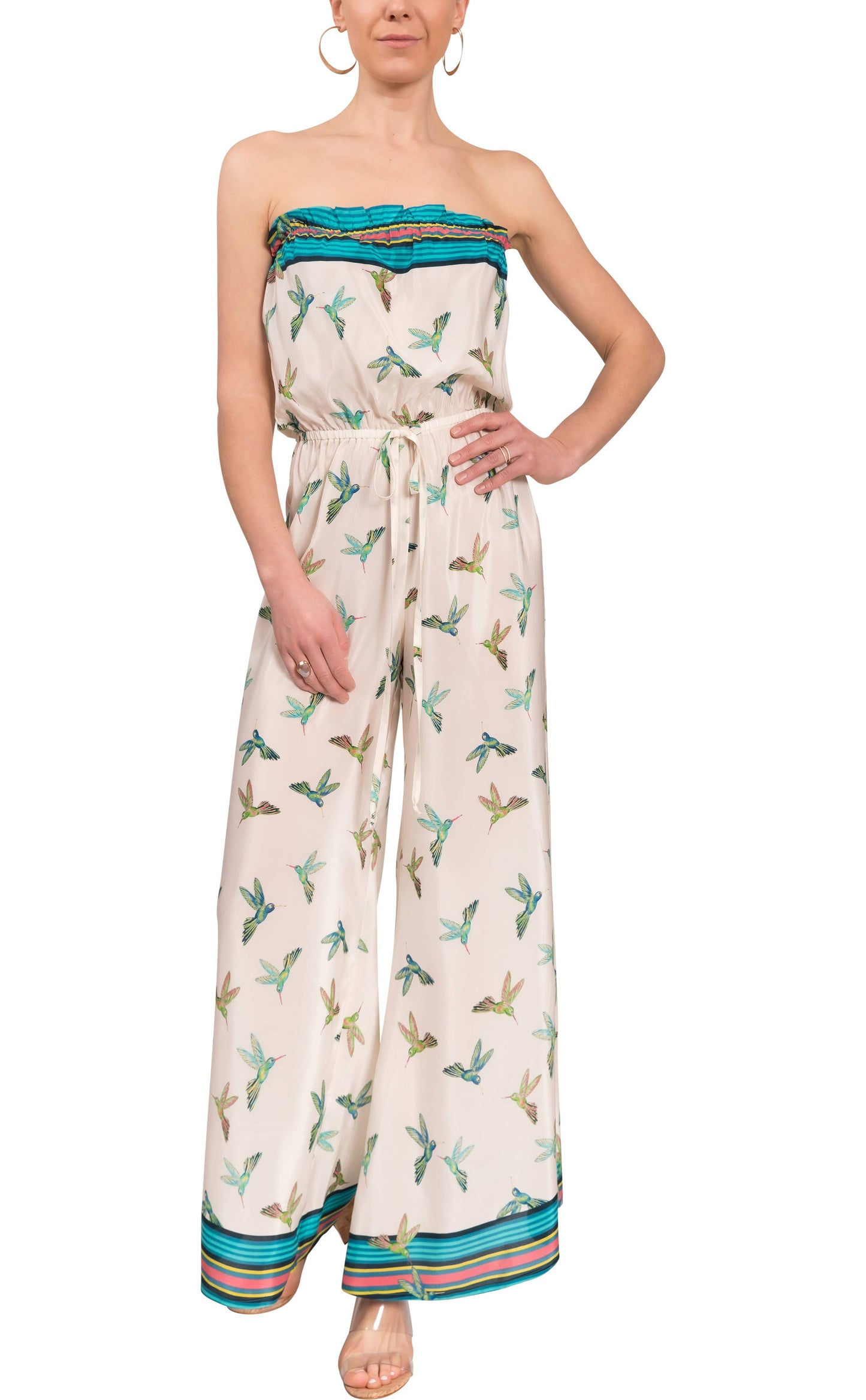 Eileen Jumpsuit - Turquoise Hummingbirds Silk