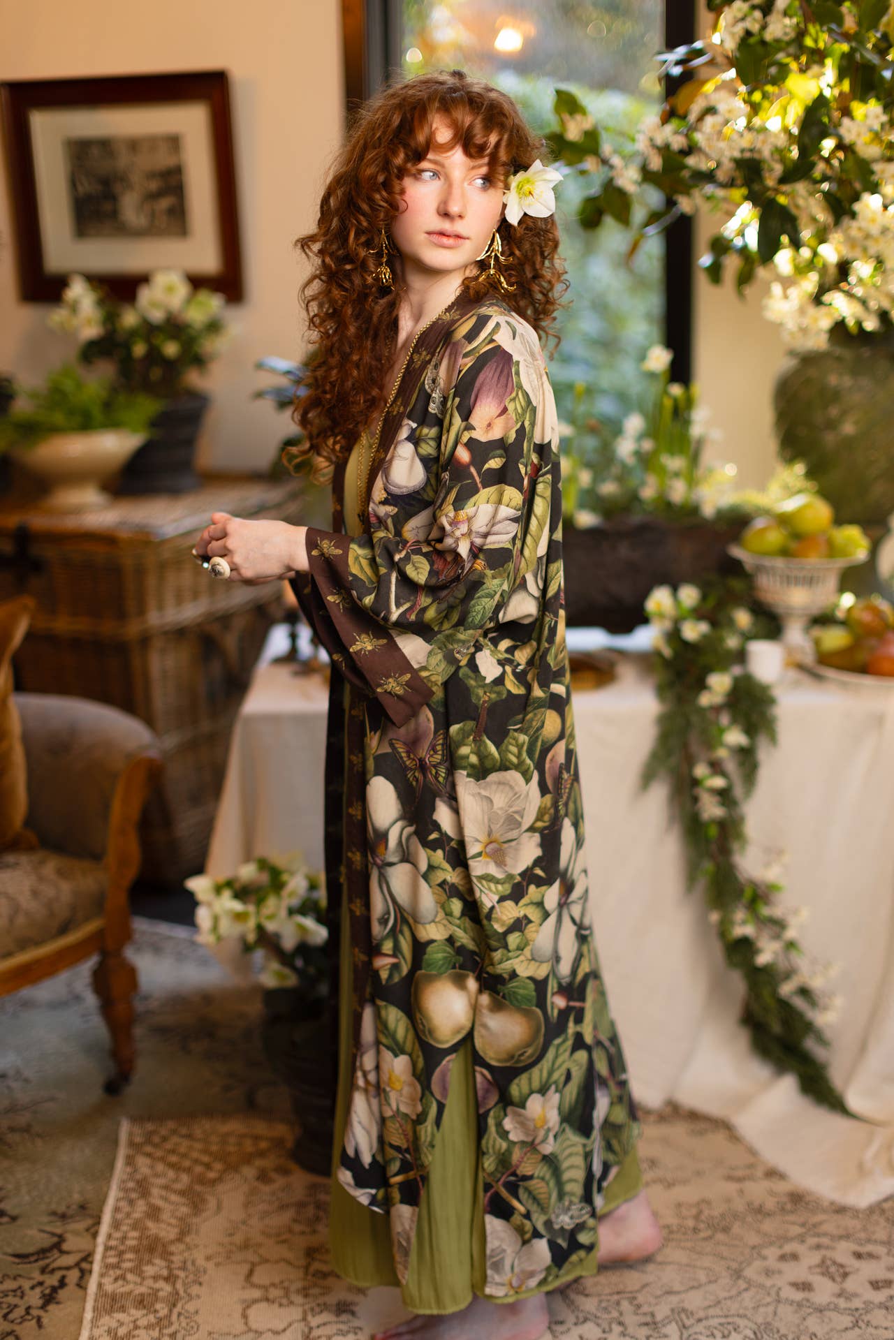 Fleur De Lune Opera Duster Kimono Robe w/ Florals & Bees