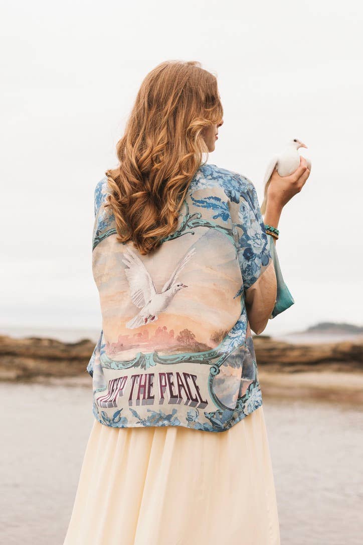 Peace Out Cropped Kimono Pixie Duster with Doves and Sunrise