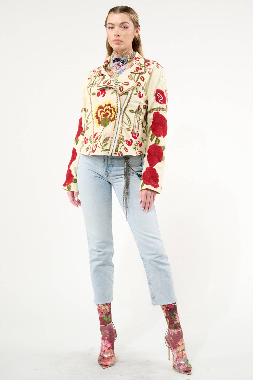 Carmen Embroidered Denim Motorcycle Jacket