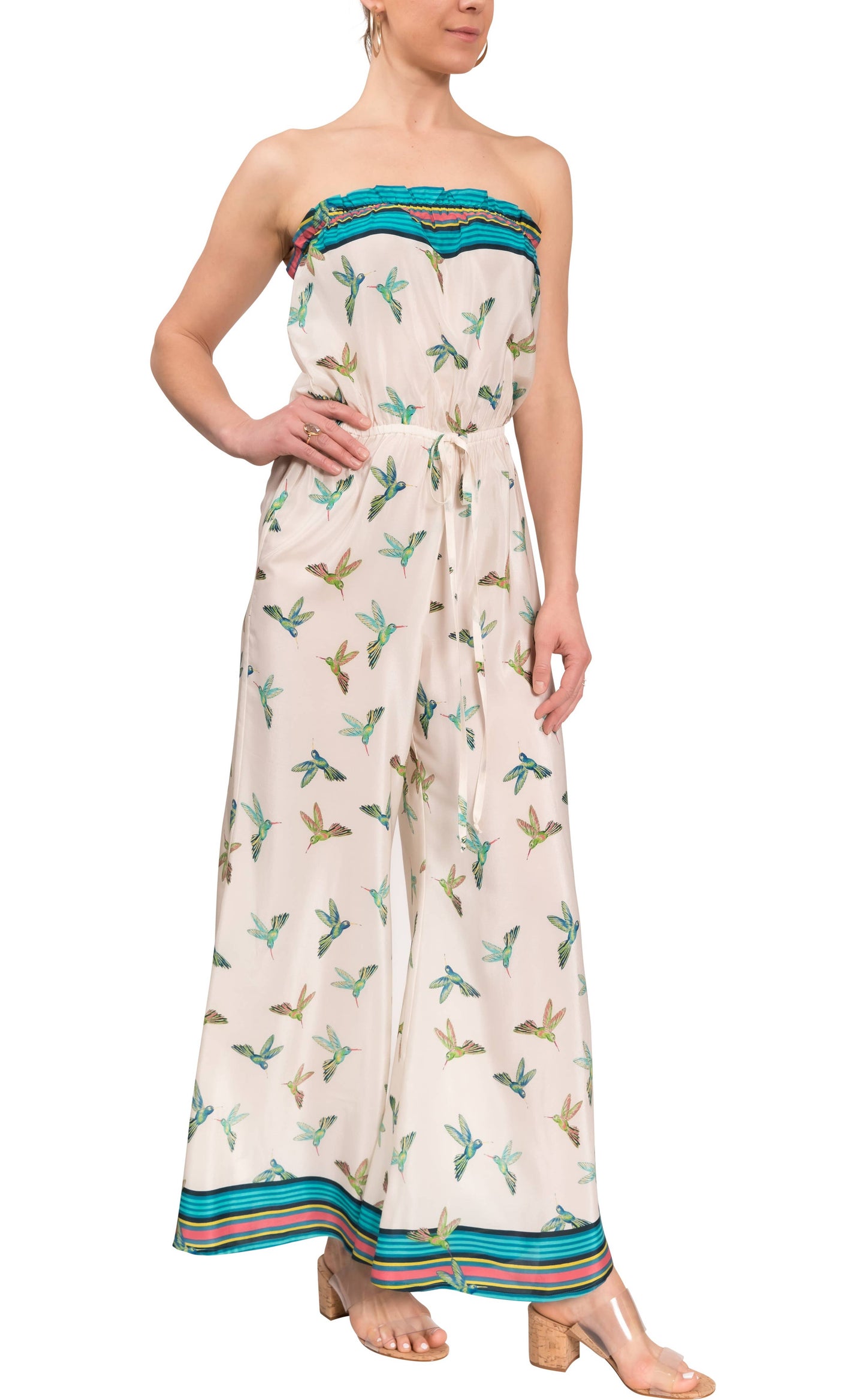 Eileen Jumpsuit - Turquoise Hummingbirds Silk