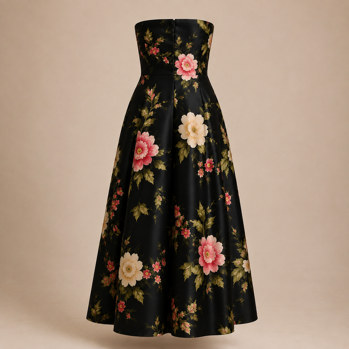 Aurelle Black Floral Silk Midi Dress