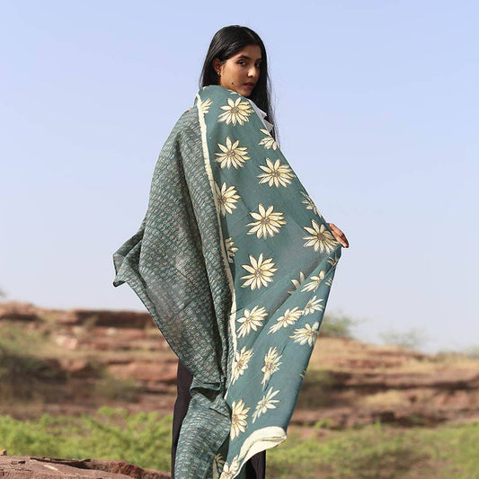 Handmade Block Print Green Cotton Silk Large Scarf | La Joie
