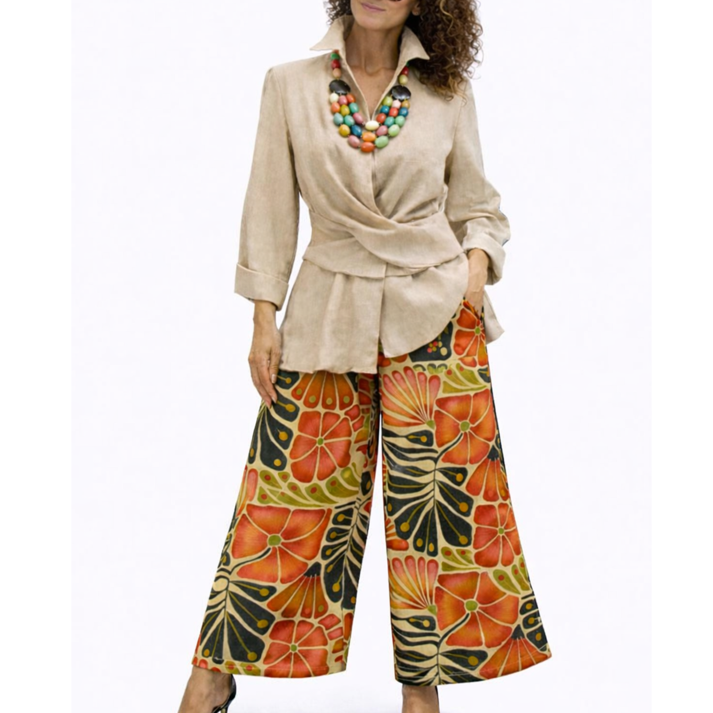 Rachel Linen Palazzo Pants – Flat Front – Artist Prints