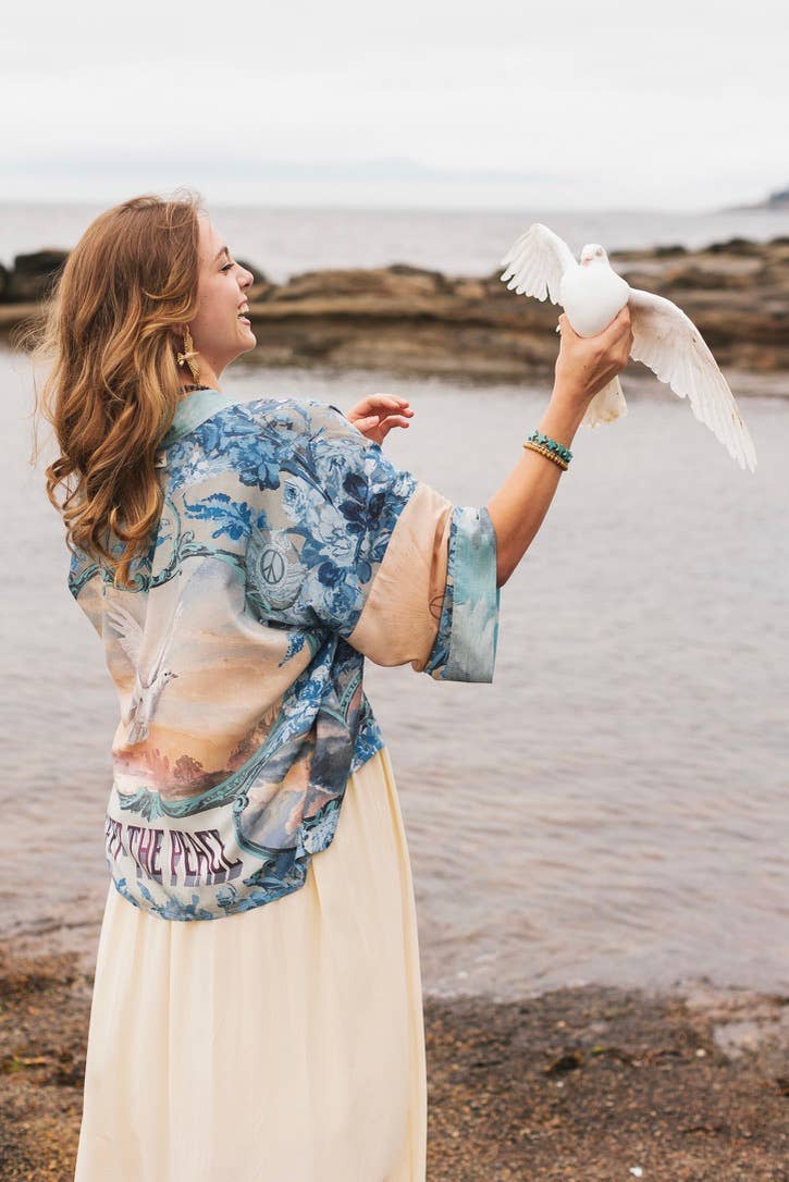 Peace Out Cropped Kimono Pixie Duster with Doves and Sunrise