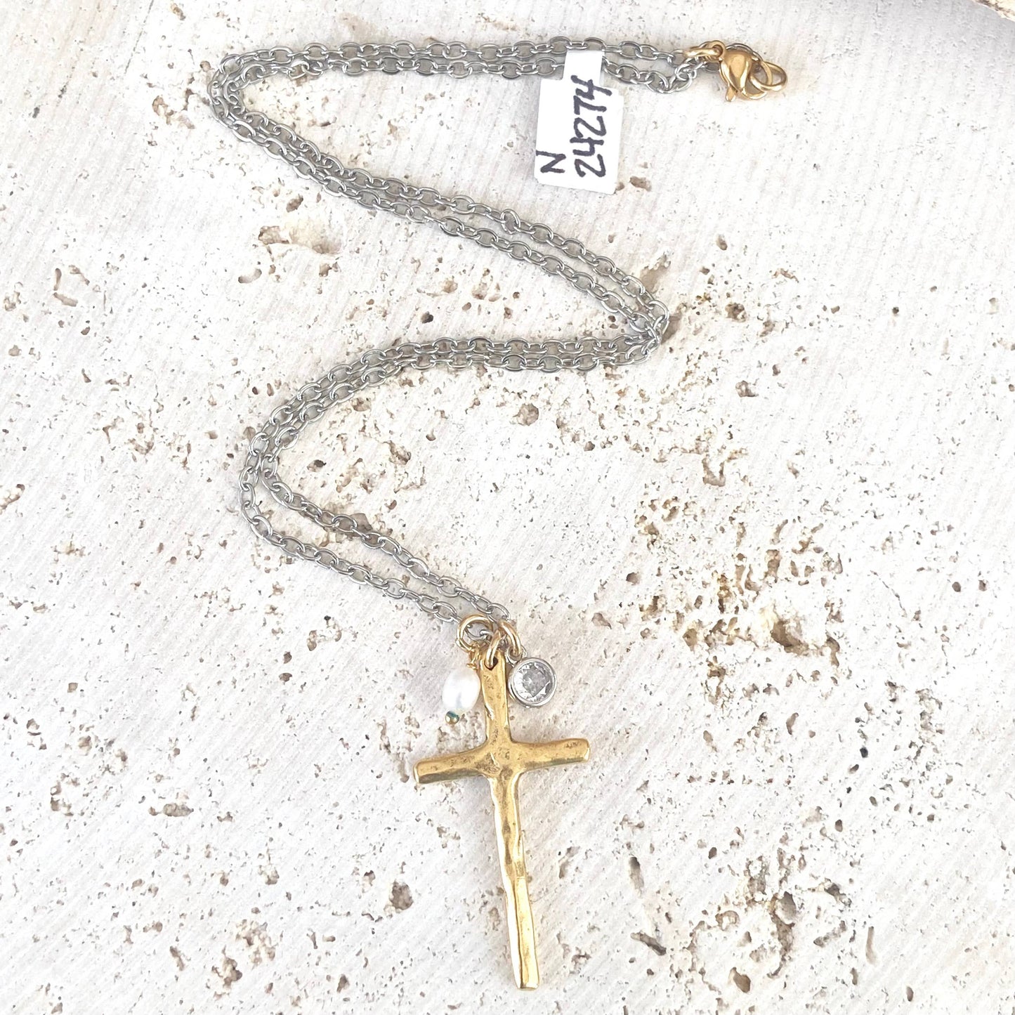 Cross necklace religious jewelry rustic pearl non tarnishing