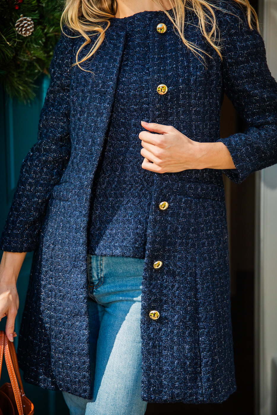Navy Metallic Tweed Button Front Coat