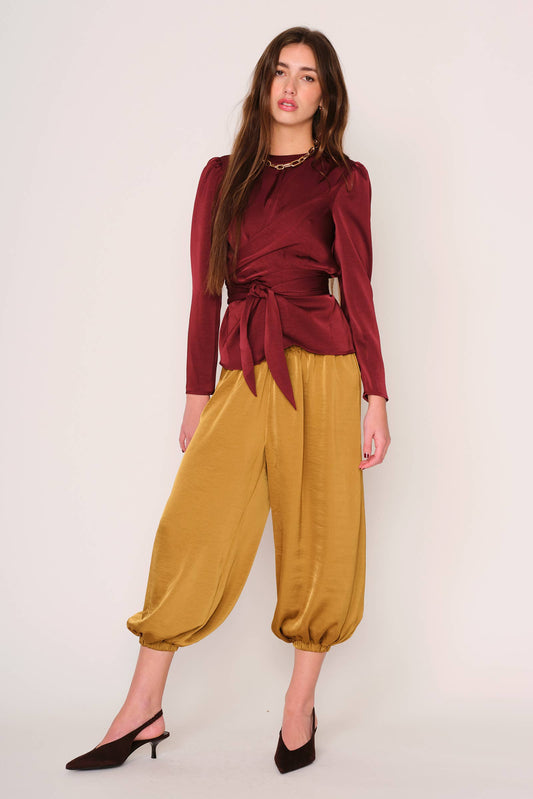 SATEEN LONG SLEEVE FRONT TIE COLLIN TOP BLOUSE