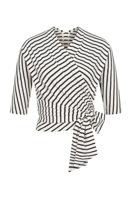 Black-Cream Striped Wrap Top