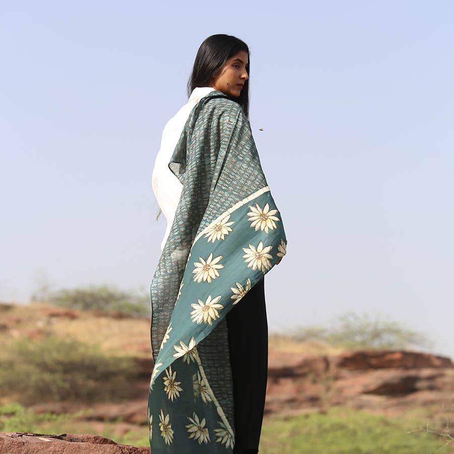 Handmade Block Print Green Cotton Silk Large Scarf | La Joie